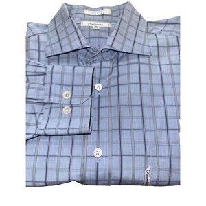 Faconnable Blue Brown Tan Plaid Long Sleeve Button Down Shirt Men’s 17R USA Made